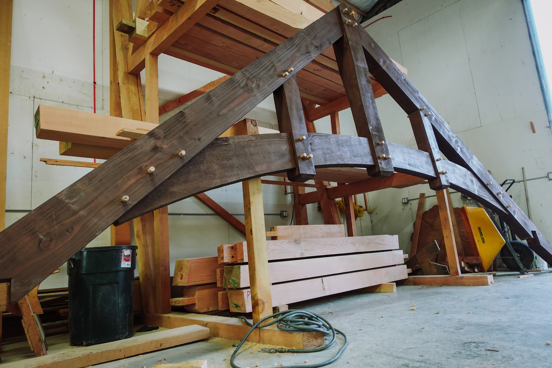timber frame truss in shop