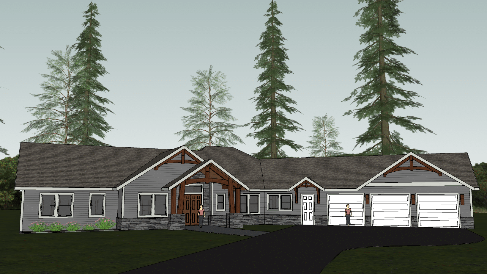 One-Story Ranch House Floor Plan with Timber Framing